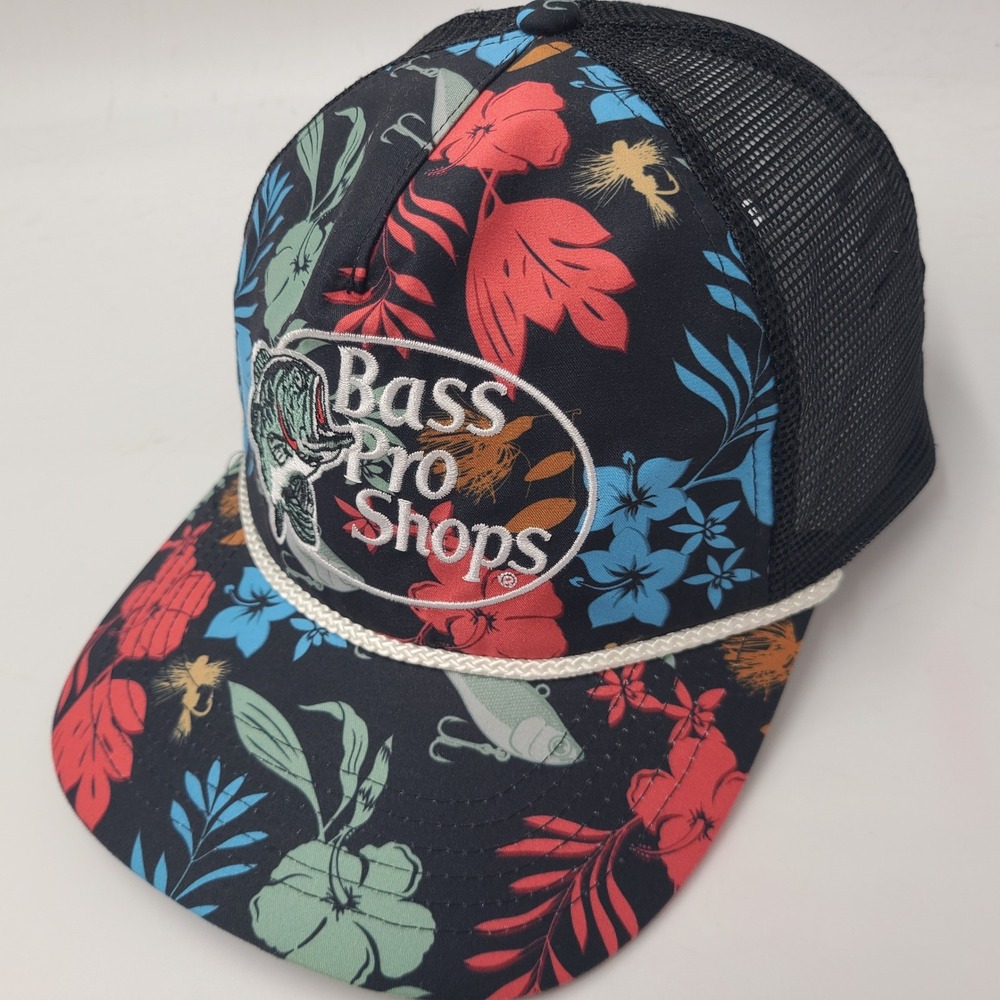 Bass Pro Shops Hat Snapback Trucker Mesh Black Floral Rope Beach Fish Outdoors